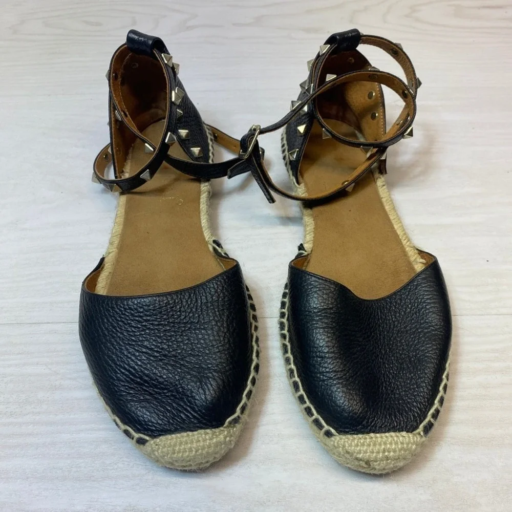 Maypol Womens 38 Espadrille Sandals Studded Ankle Strap Black Leather Flat Spain
